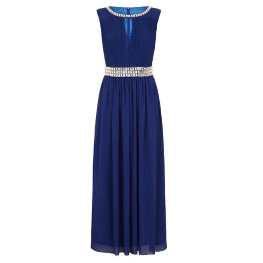 New Yumi Cobalt Blue Jewel Keyhole Pleated Maxi Dress Gown Size 8/10